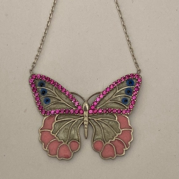 925 Silver pink butterfly evil eye necklace - Picture 3 of 3